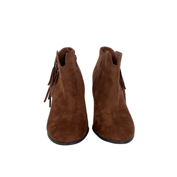 Carlos Santana Size 8.5 Brown Suede Zip Up Heeled Ankle Bootie Fringe Western - Picture 3 of 9